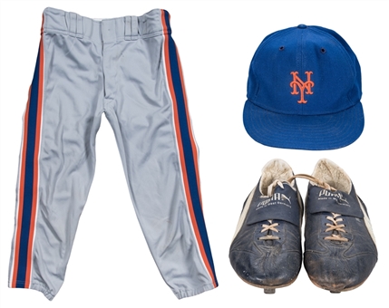 Lot of (3) Bob Ojeda Game Used & Signed New York Mets Road Pants (unsigned), Cap & Puma Cleats (JT Sports & Beckett)